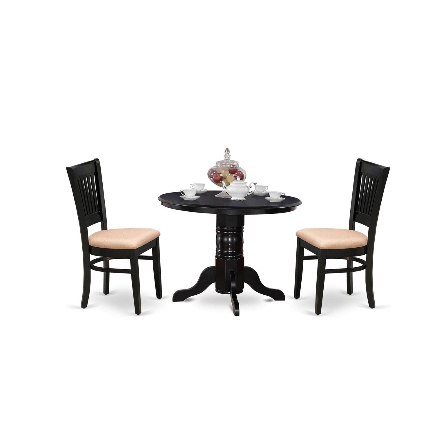 East West Furniture Shva3-Blk-C 3 Piece Kitchen Table Set For Small Spaces Contains A Round Dining Table With Pedestal And 2 Linen Fabric Dining Room Chairs, 42X42 Inch, Black